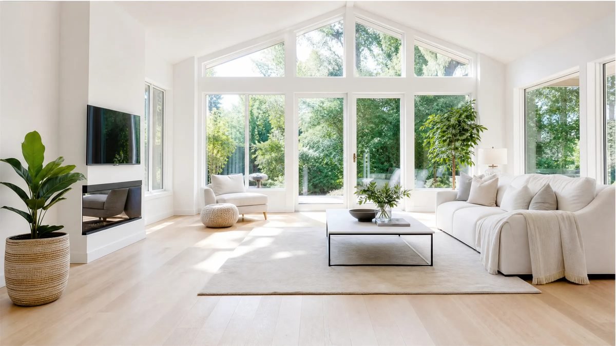 Bright, clutter-free living room with natural light